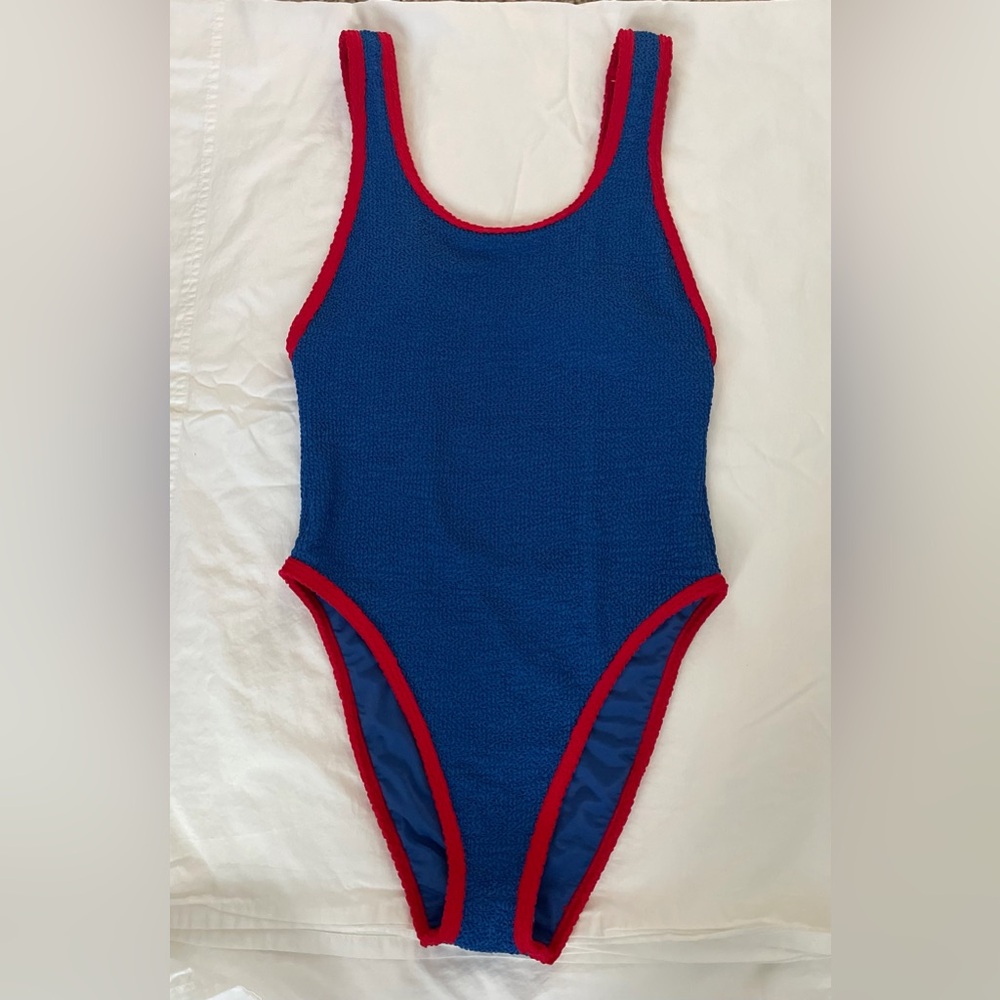 ITS NOT COOL SIZE SMALL : Blue Terry One-Piece Swimsuit with Red Trim